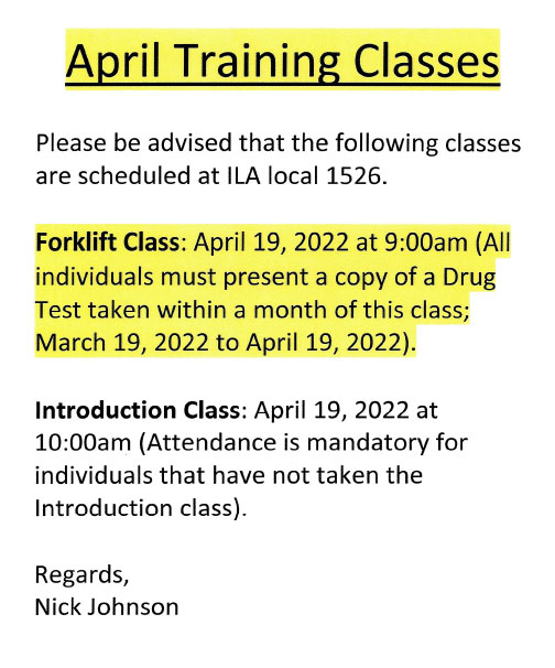 April Training Classes